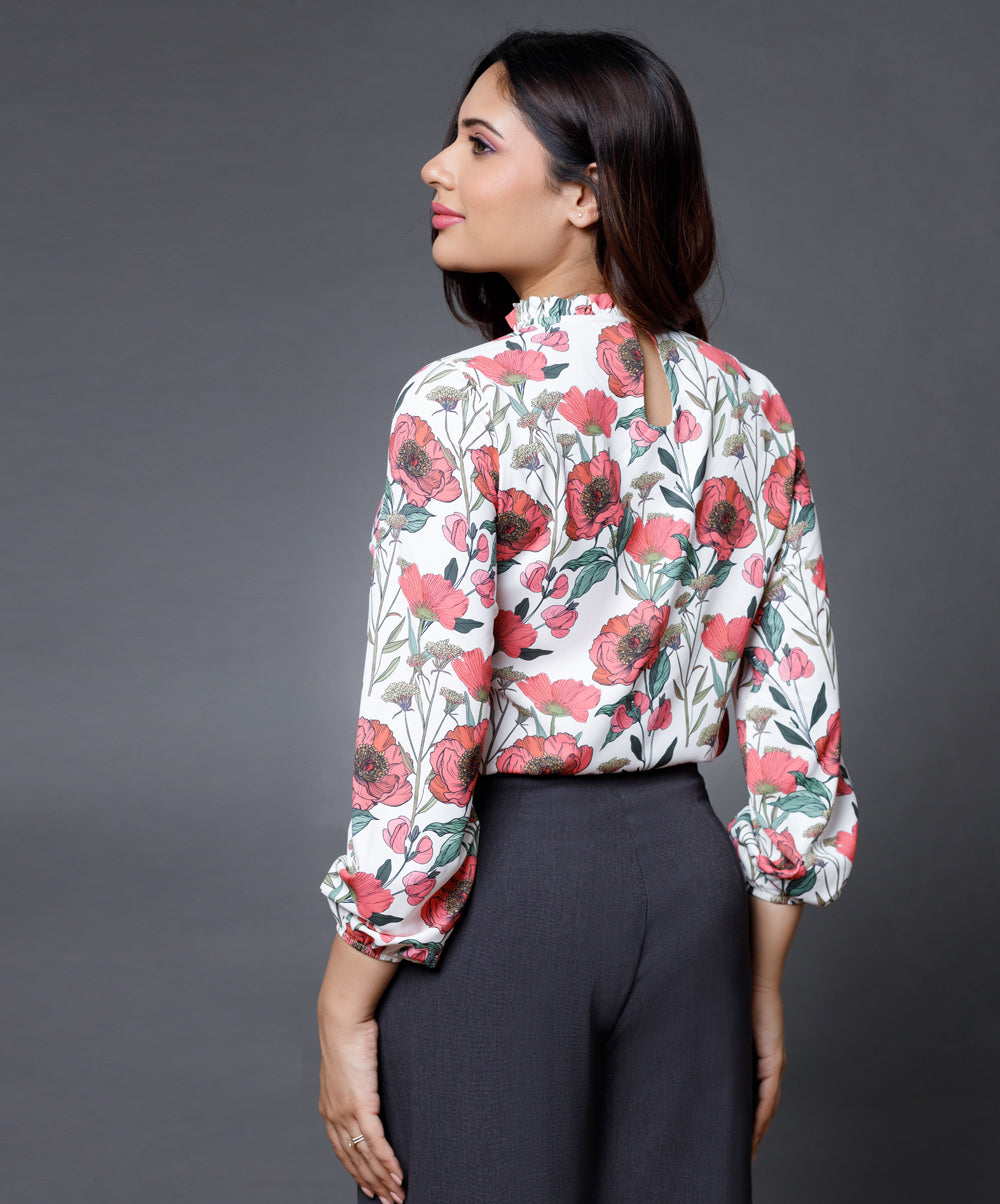 Long Sleeve Satin Printed Formal Top