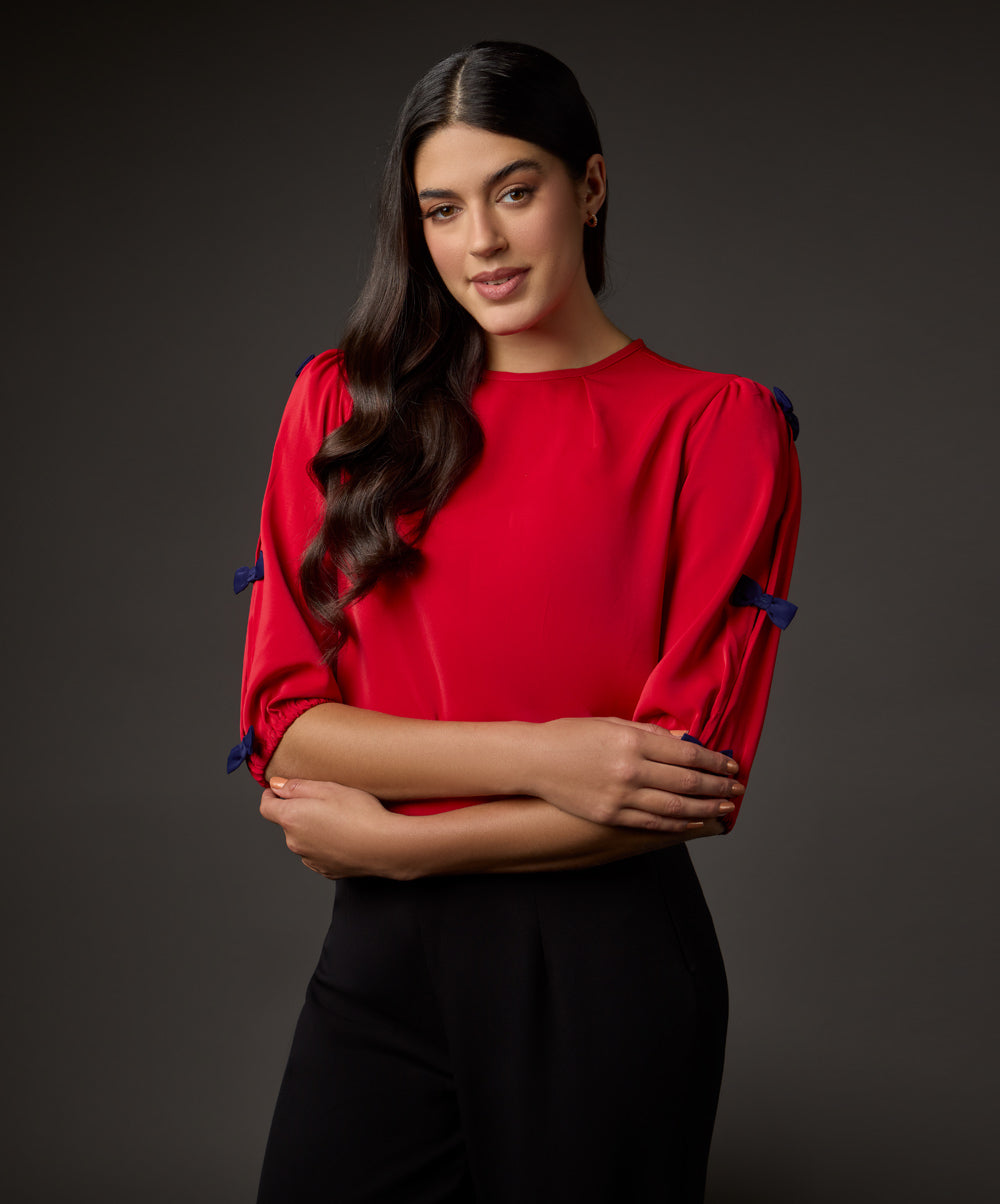 Tiny Bow Solid Chiffon Half Sleeve Top-Red