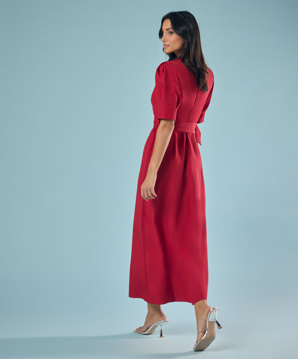 Puffed Sleeve Round Neck  Midi Dress