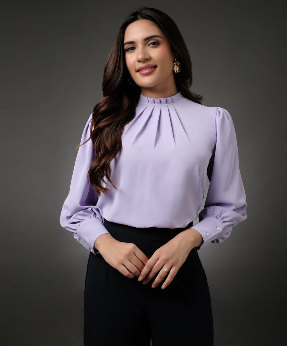 Neck Pleated Lavender Top With A Sleeve Cuff