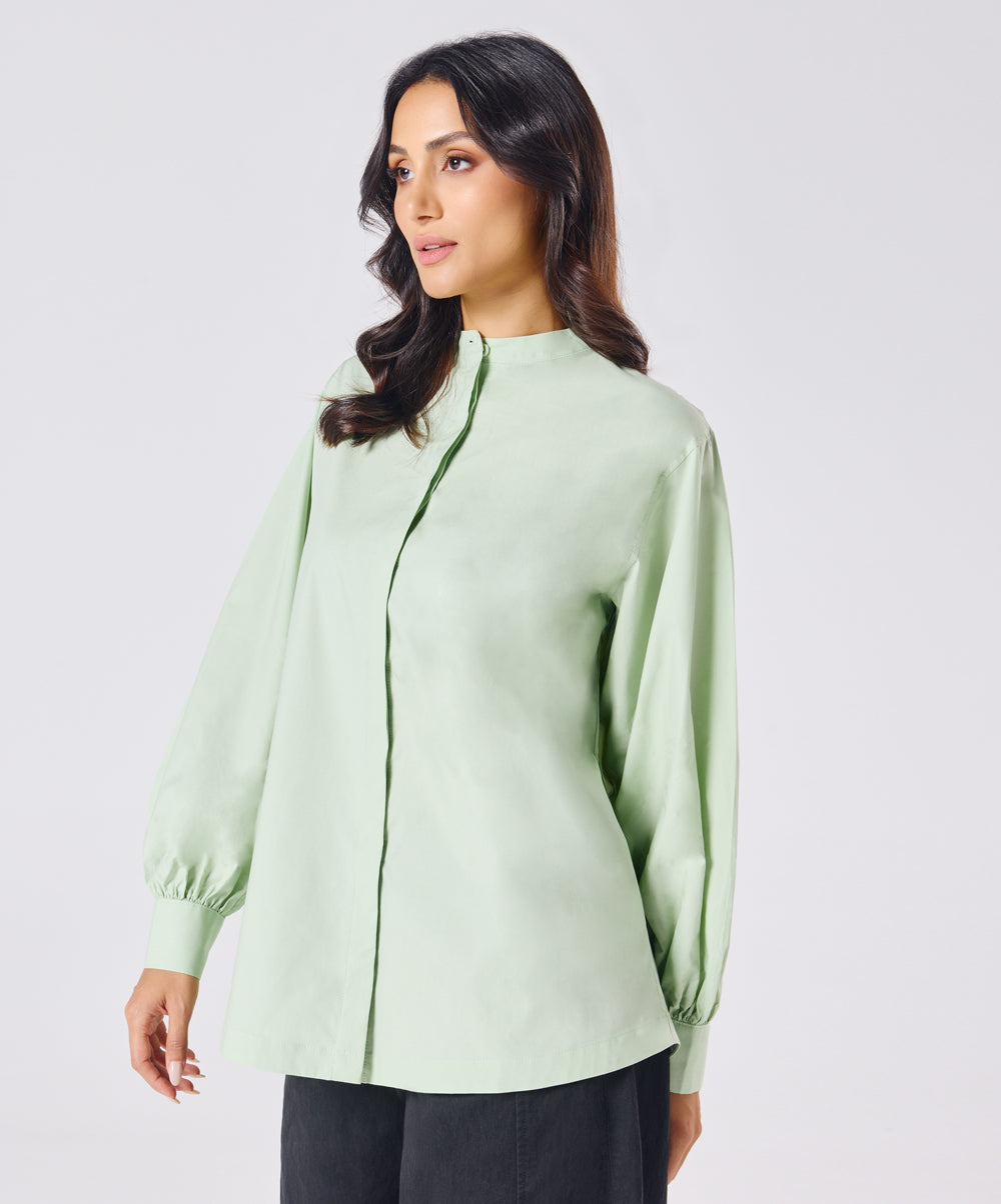 Mandarin  Collar Cotton Oversized Shirt- Baby Green