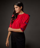 Tiny Bow Solid Chiffon Half Sleeve Top-Red