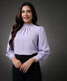 Neck Pleated Lavender Top With A Sleeve Cuff