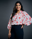 Puffed sleeve button through printed blouse