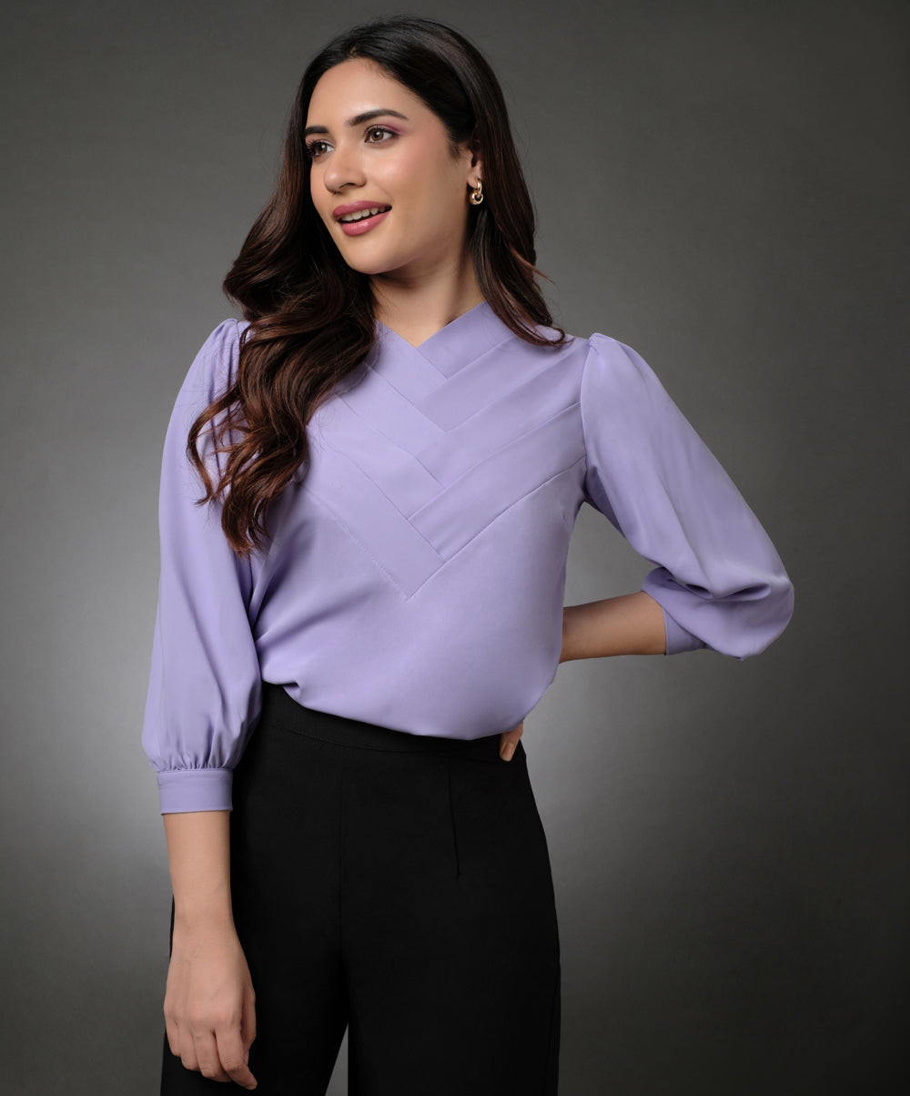 Front Slanted Pleated Lavender Half Sleeve Top