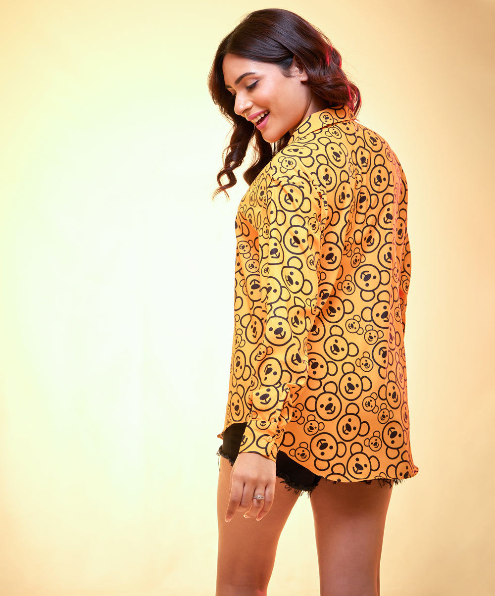 Oversized Chiffon Bear Printed Orange Shirt