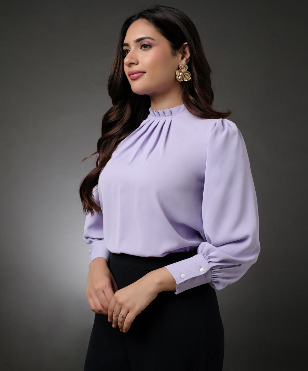 Neck Pleated Lavender Top With A Sleeve Cuff