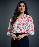 Puffed sleeve button through printed blouse