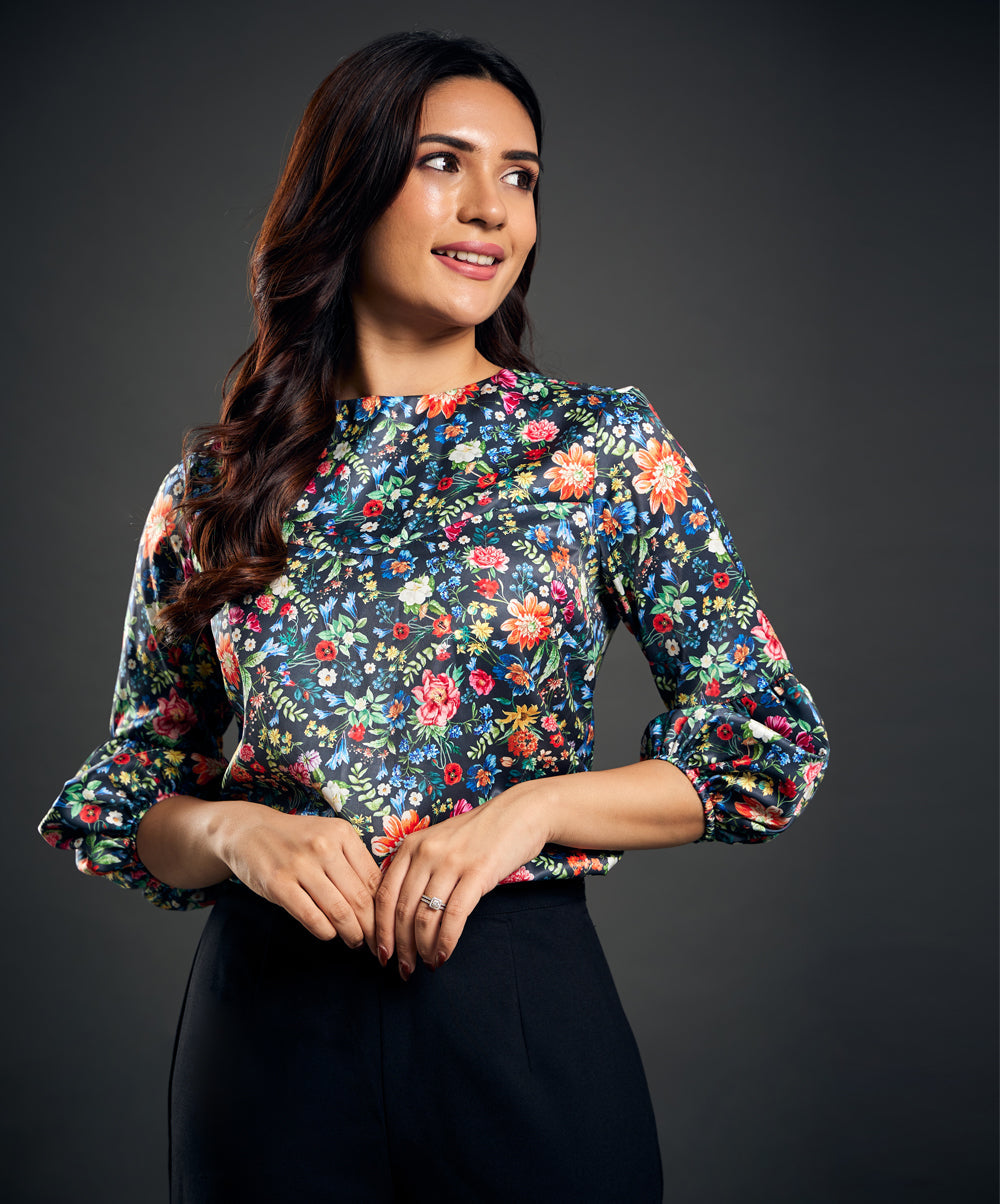 Half Puffed Sleeve Satin Printed Top