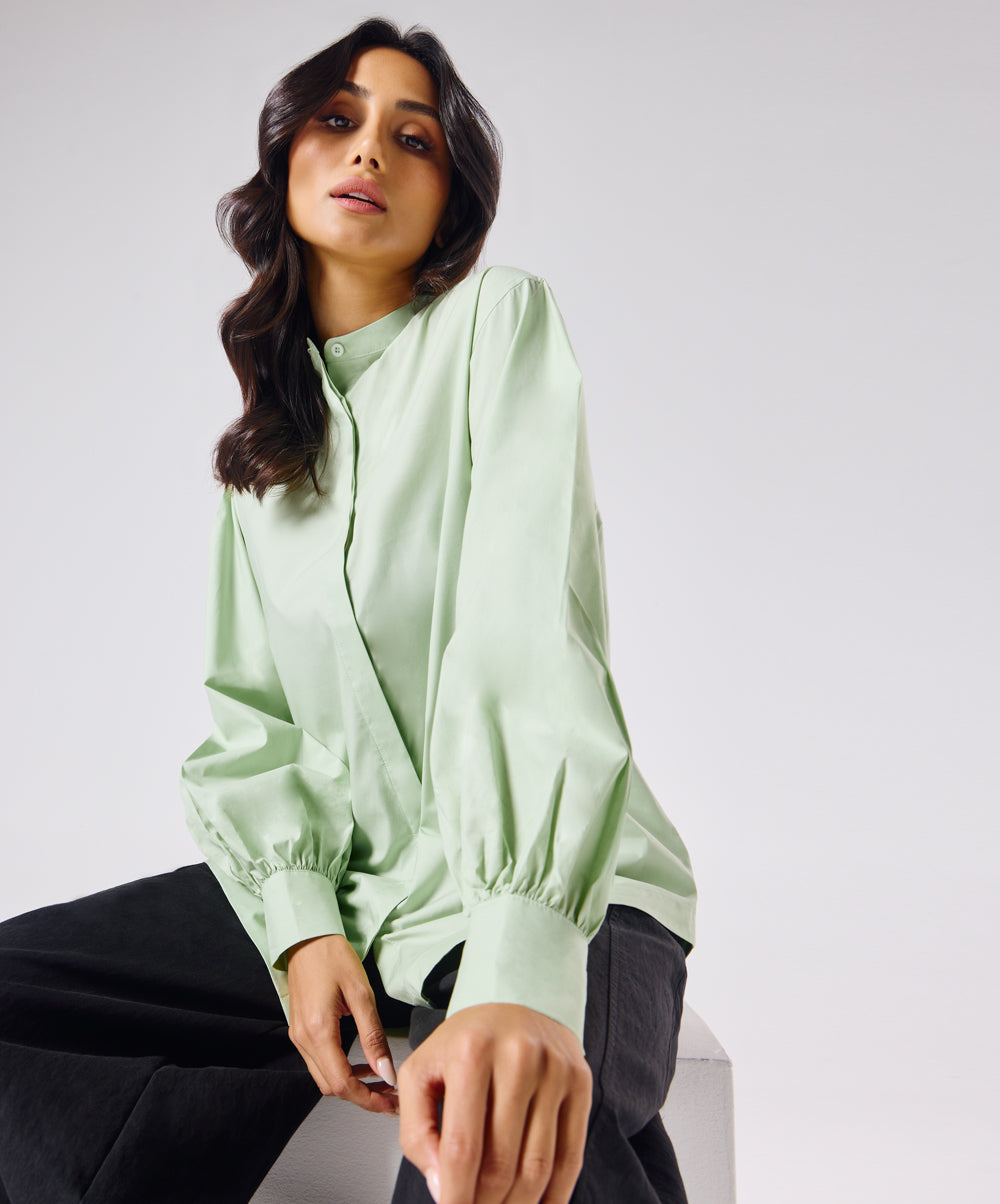 Mandarin  Collar Cotton Oversized Shirt- Baby Green