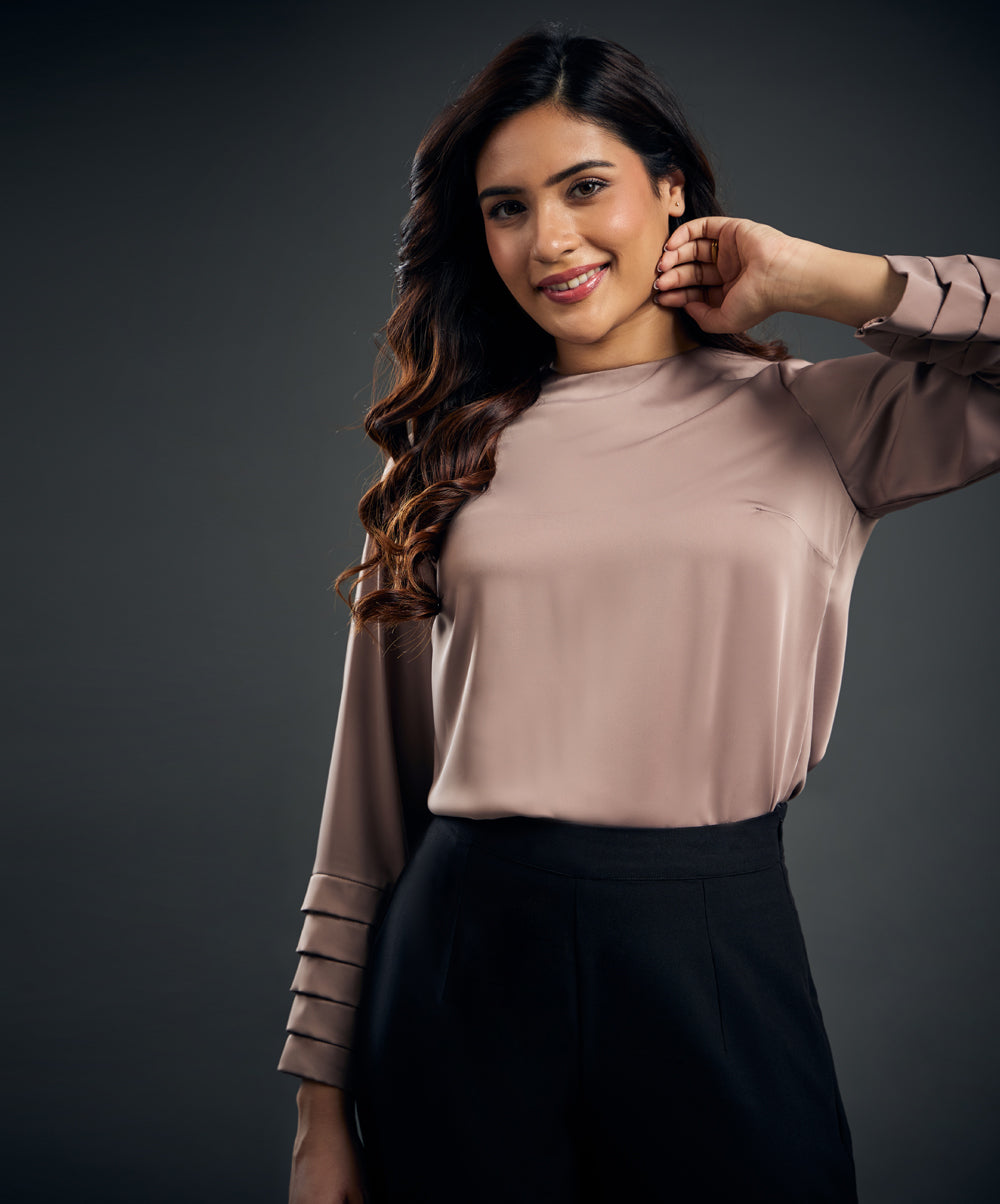 Long Sleeve Pleated Detailed Satin Top