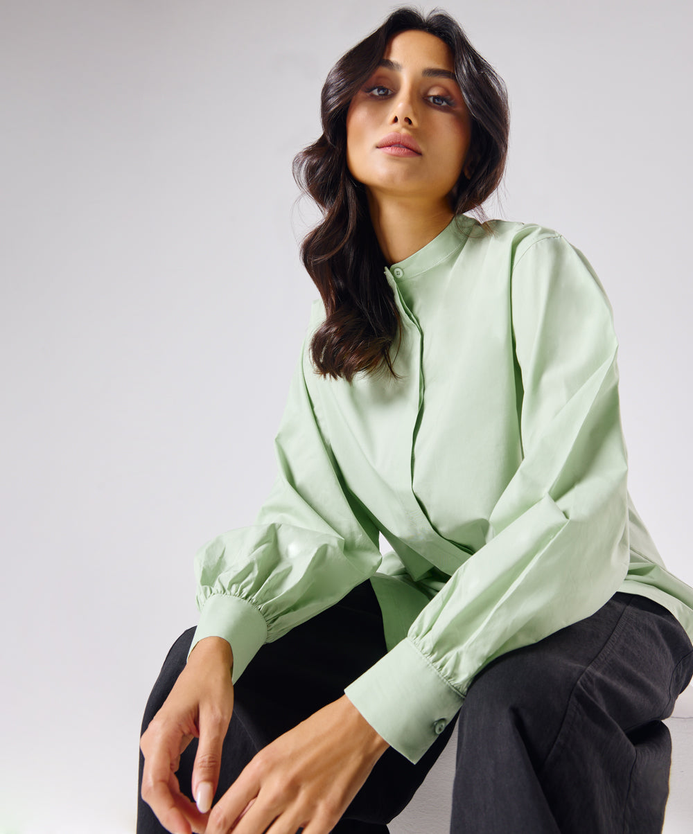 Mandarin  Collar Cotton Oversized Shirt- Baby Green