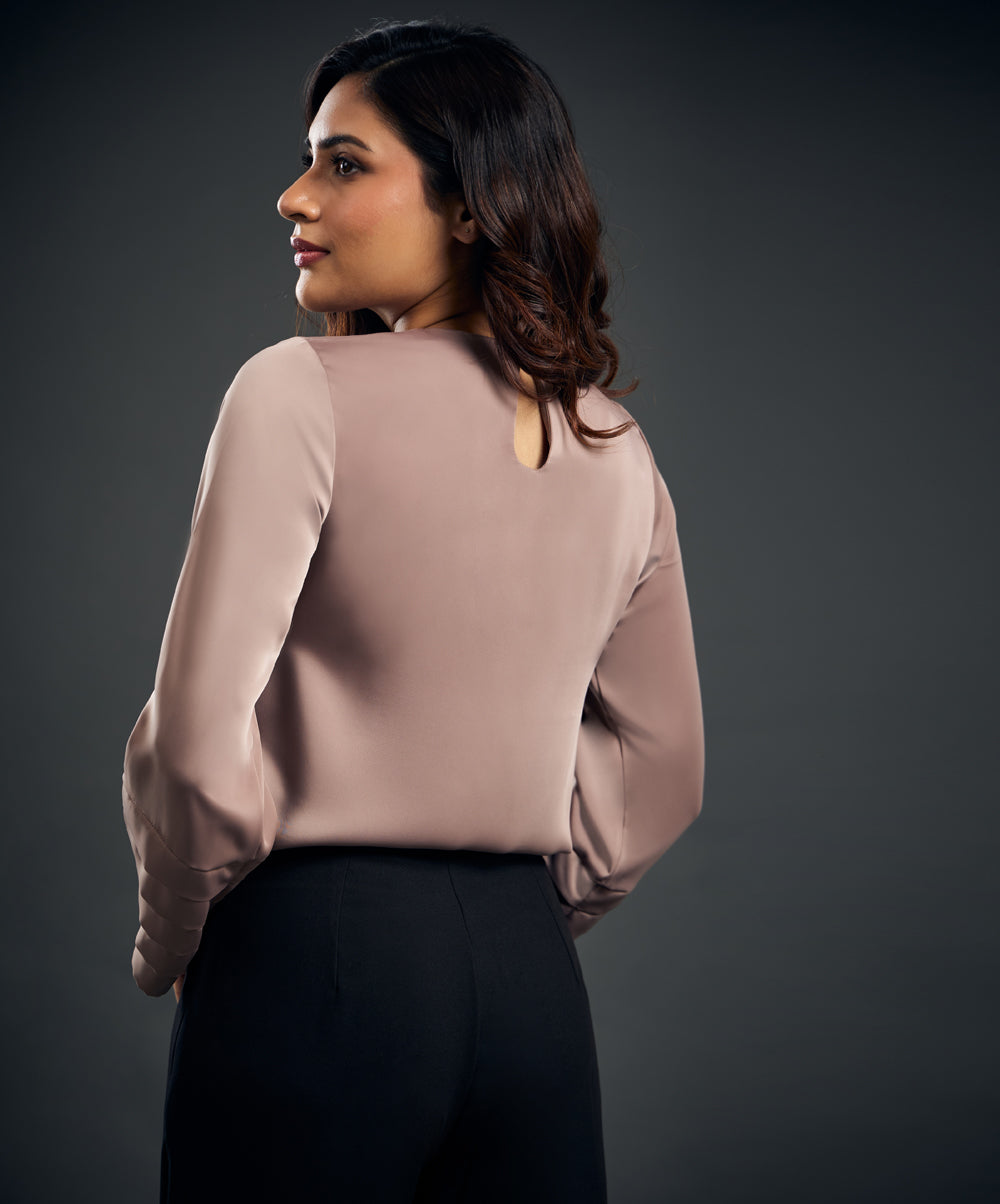 Long Sleeve Pleated Detailed Satin Top