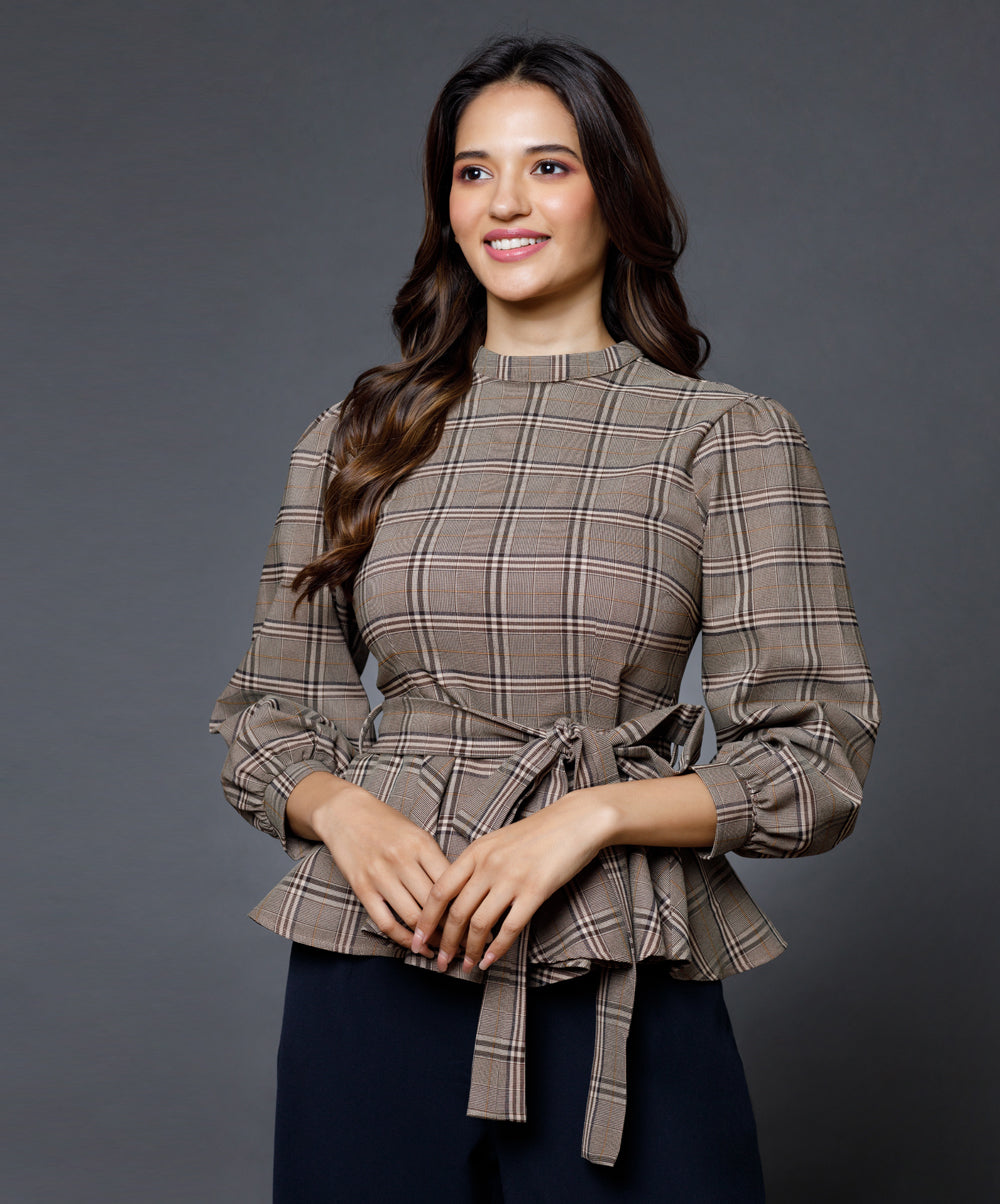 Brown Gingham Waist Tie Peplum Top