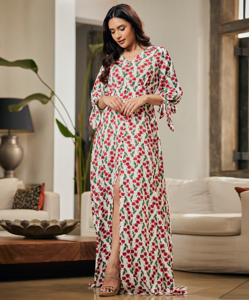 Vneck Front Buttoned Printed Maxi Dress