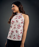 Neck Pleated Rose Printed Satin Halter Neck Top