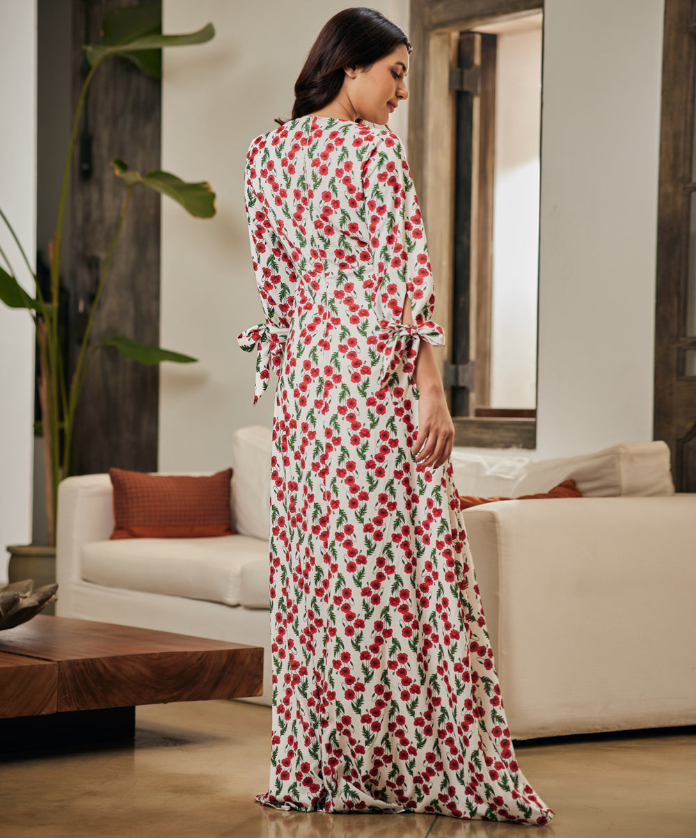 Vneck Front Buttoned Printed Maxi Dress