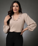 Vneck Frilled Classic Collared Chiffon Top