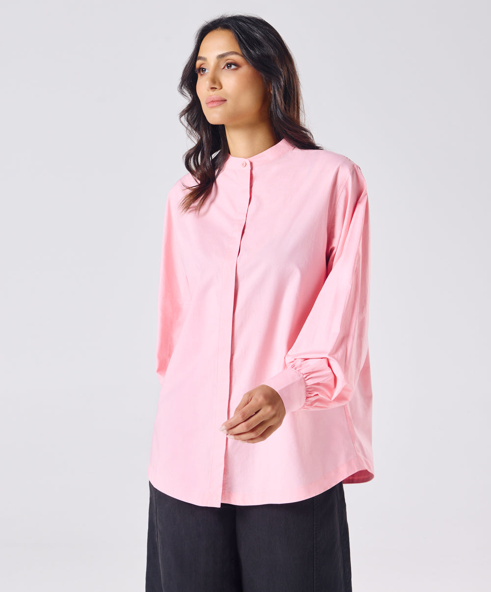 Mandarin  Collar Cotton Oversized Shirt- Rose Pink