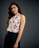 Neck Pleated Rose Printed Satin Halter Neck Top