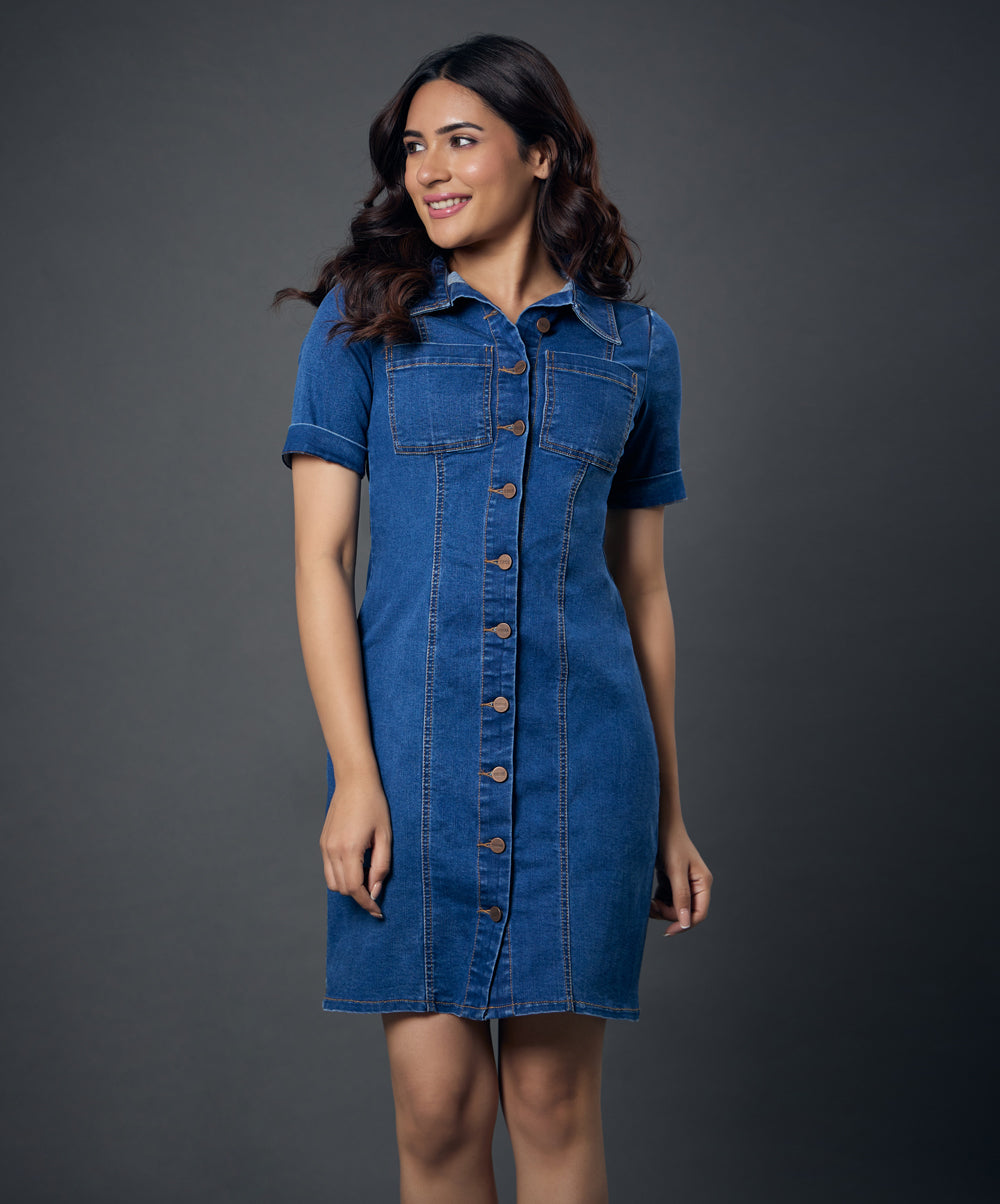 Classic Collared Front Buttoned Denim Dress