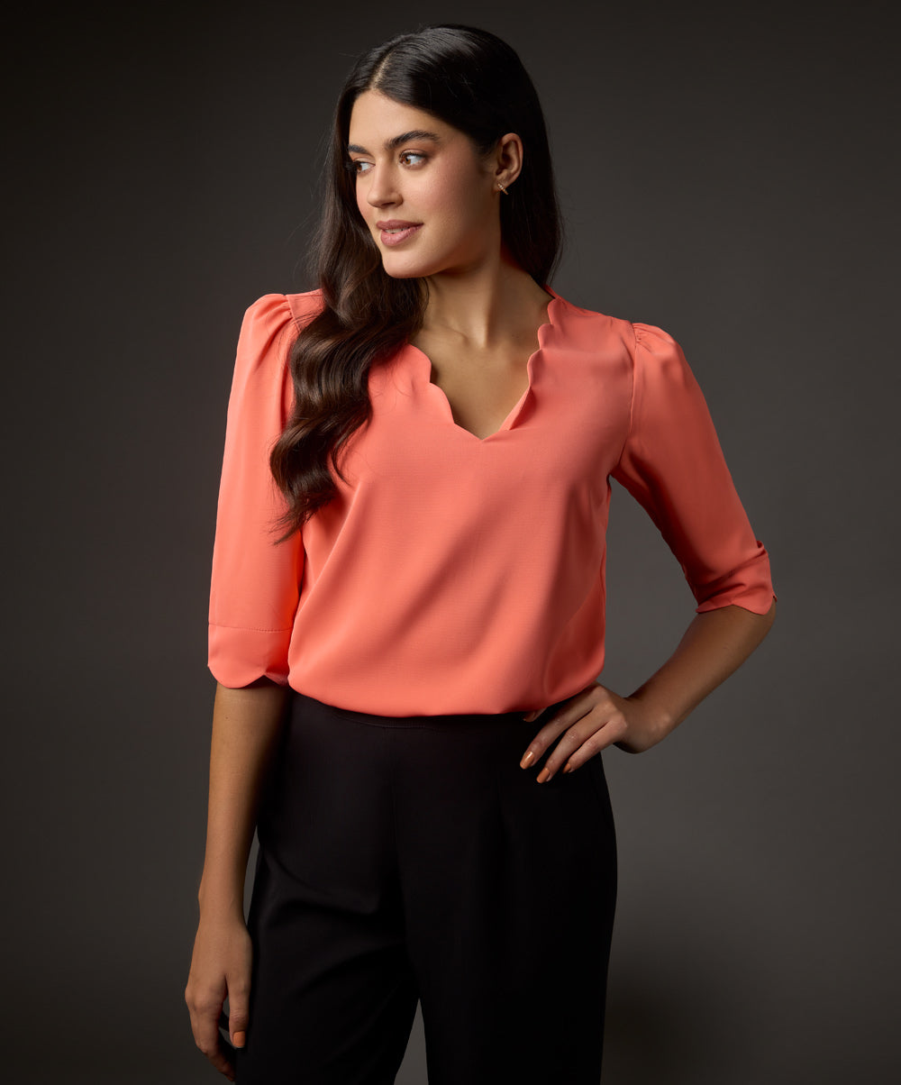 Long Sleeve Neck Scalloped Peach Top