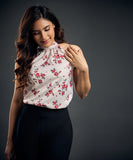 Neck Pleated Rose Printed Satin Halter Neck Top