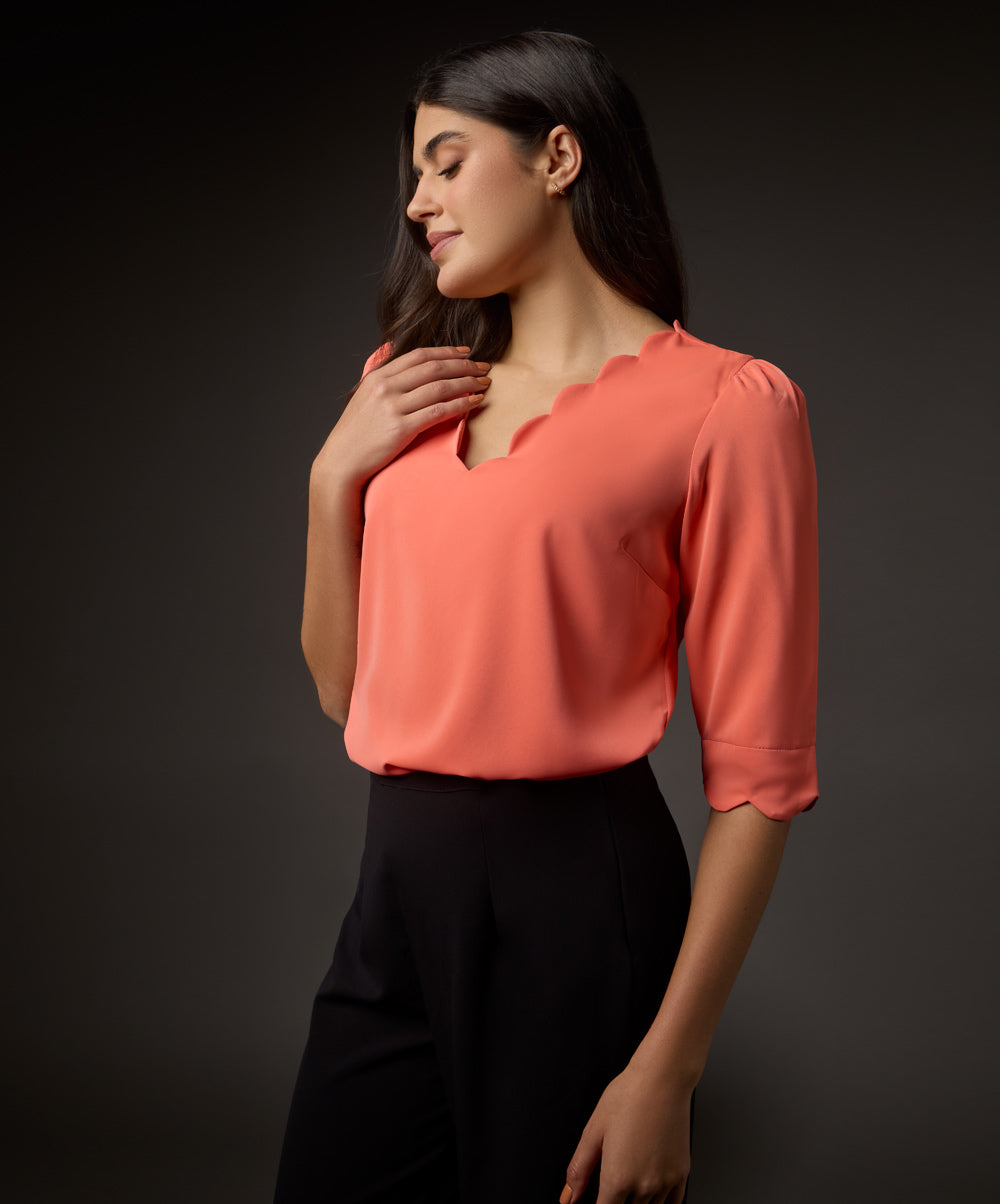 Long Sleeve Neck Scalloped Peach Top