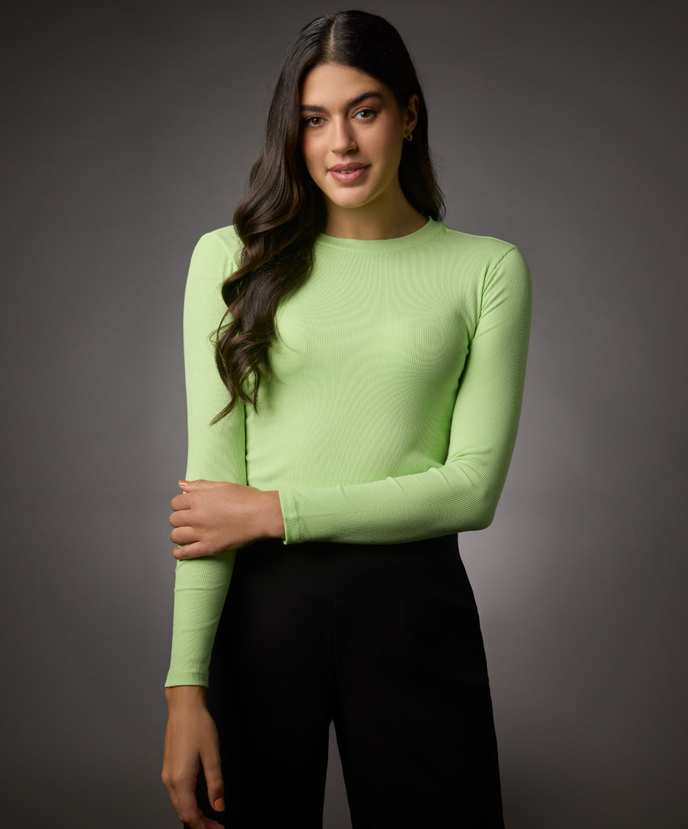 long sleeve round neck rib top electric green