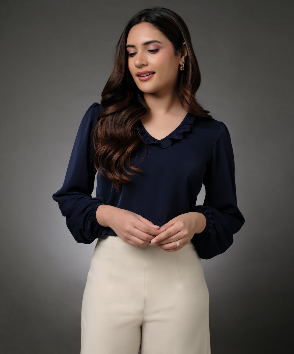 Vneck Frilled Classic Collared Navy Top