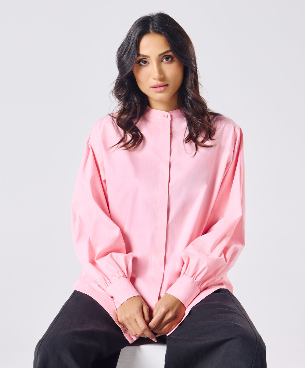 Mandarin  Collar Cotton Oversized Shirt- Rose Pink