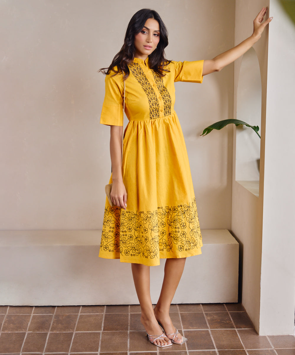 Floral Embroidered Linen Waist Gathered Dress