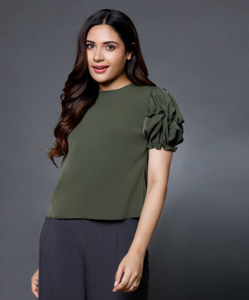 Sleeve Detailed Green Round Neck Top