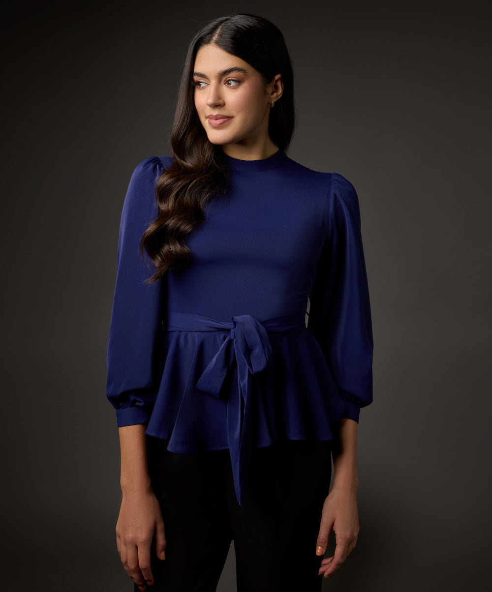 Bishop Sleeve Belted Peplum Top-Navy Blue