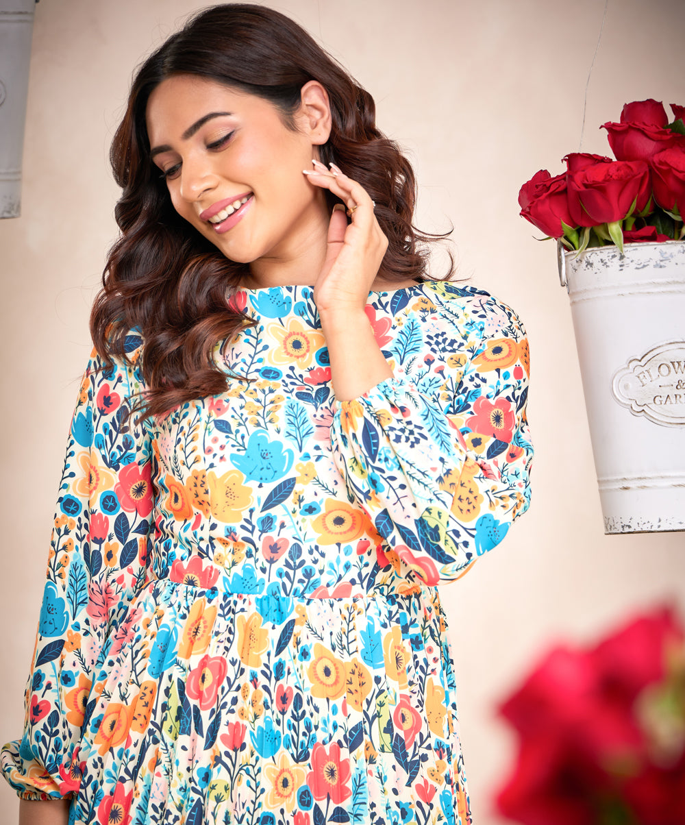 Pleated Long Sleeve Floral Dress