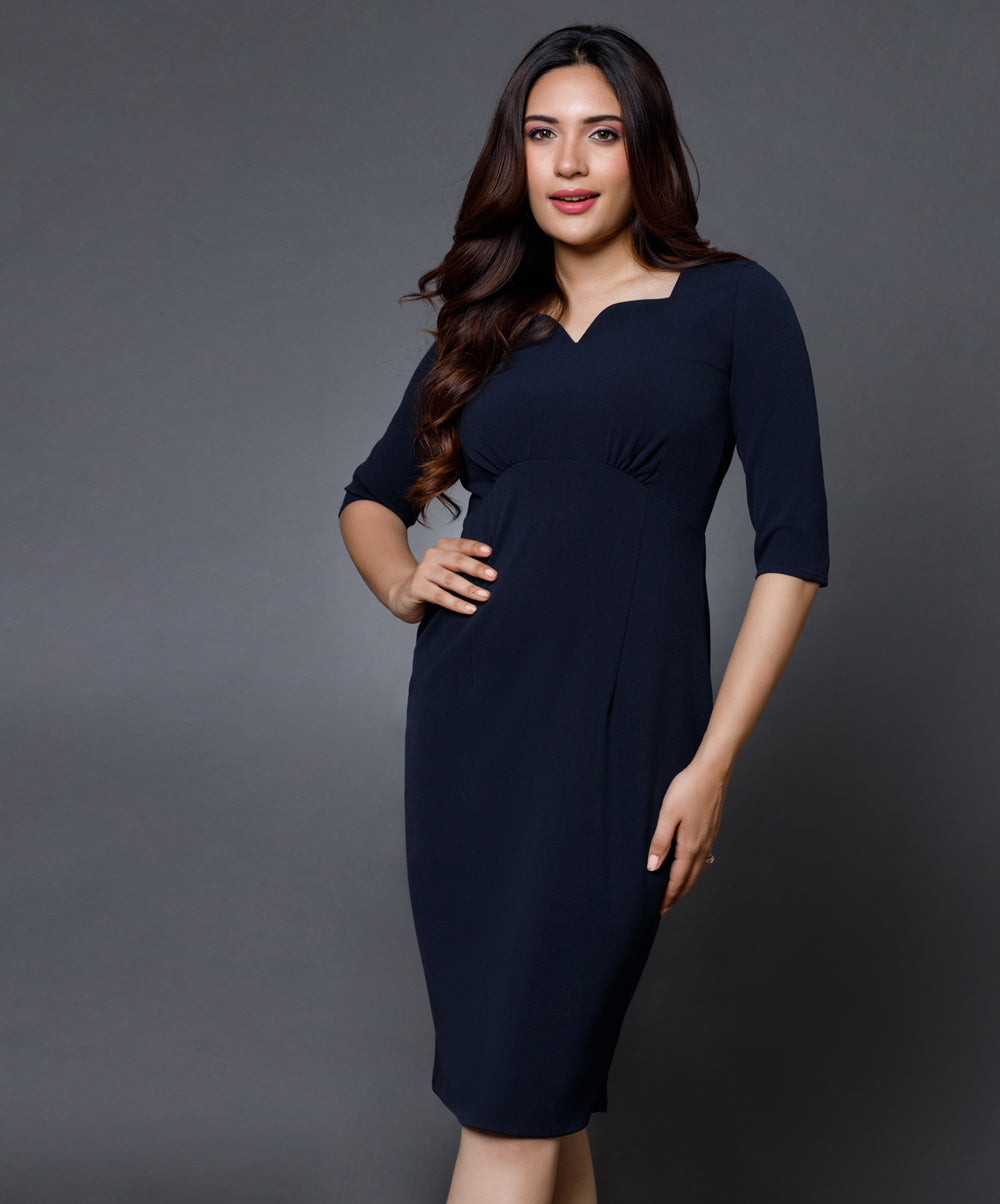 Sweetheart Neckline Sleeved Navy Dress