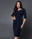 Sweetheart Neckline Sleeved Navy Dress