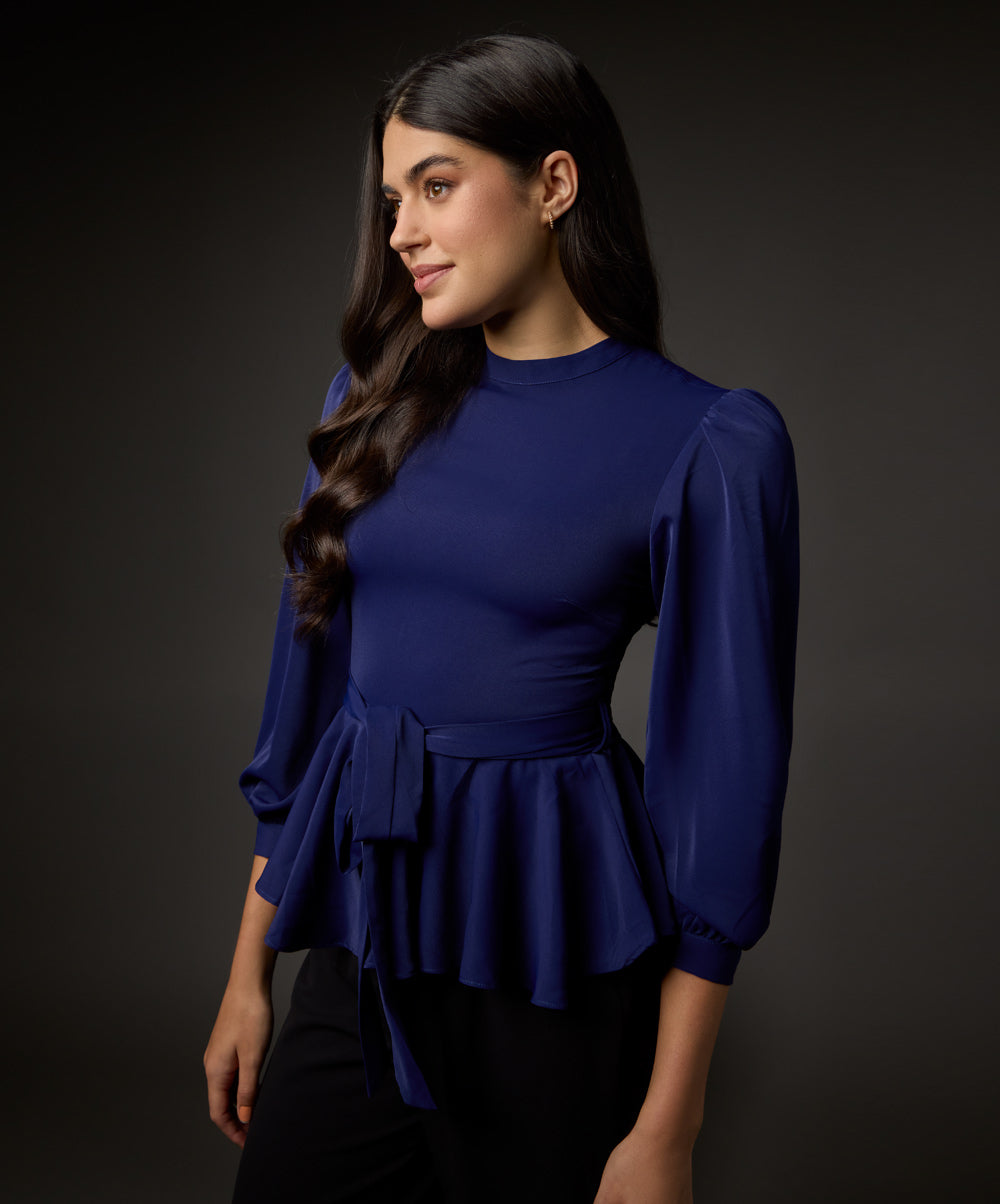 Bishop Sleeve Belted Peplum Top-Navy Blue