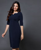 Sweetheart Neckline Sleeved Navy Dress