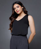 Sleeveless Vneck Satin Top-Black