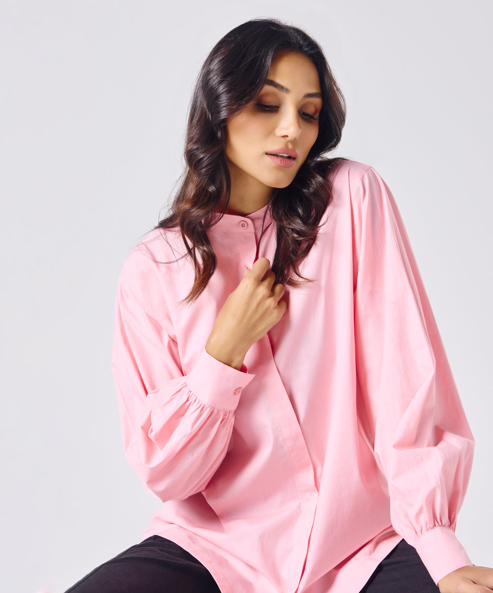 Mandarin  Collar Cotton Oversized Shirt- Rose Pink