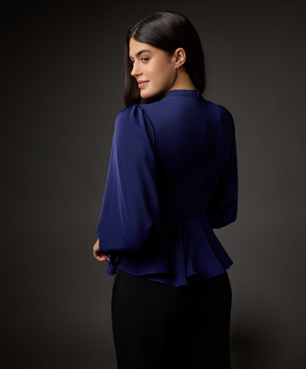 Bishop Sleeve Belted Peplum Top-Navy Blue