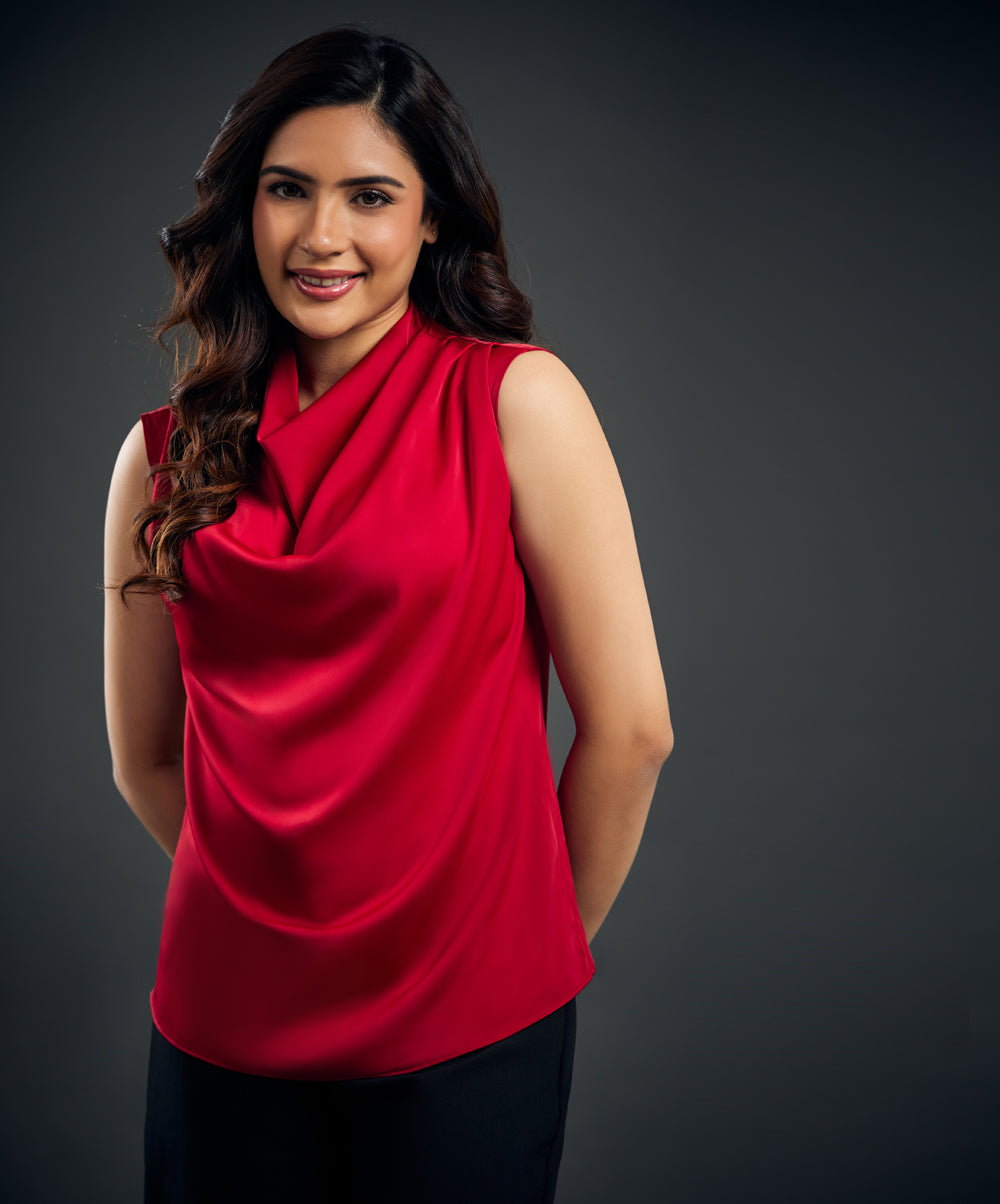 Red Cowl High Neck Satin Top