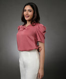 Bow Attached Sleeve Gathered Pink Satin Top