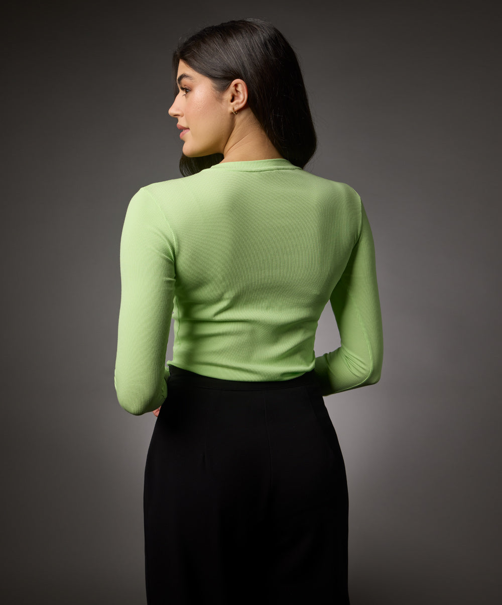long sleeve round neck rib top electric green