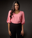 Vneck Balloon Half Sleeve Pink Top