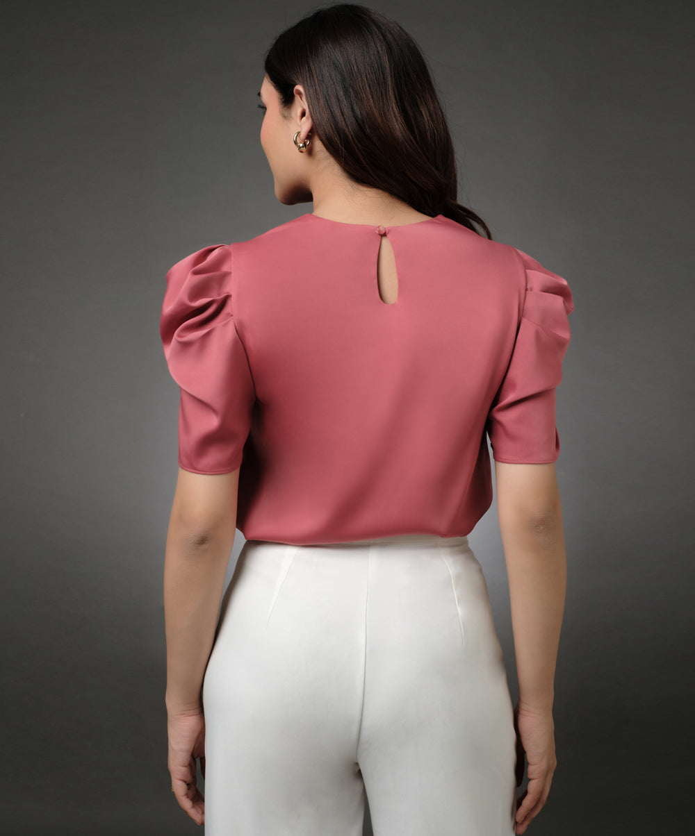 Bow Attached Sleeve Gathered Pink Satin Top