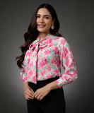 Satin Printed Floral Tie Neck Shirt