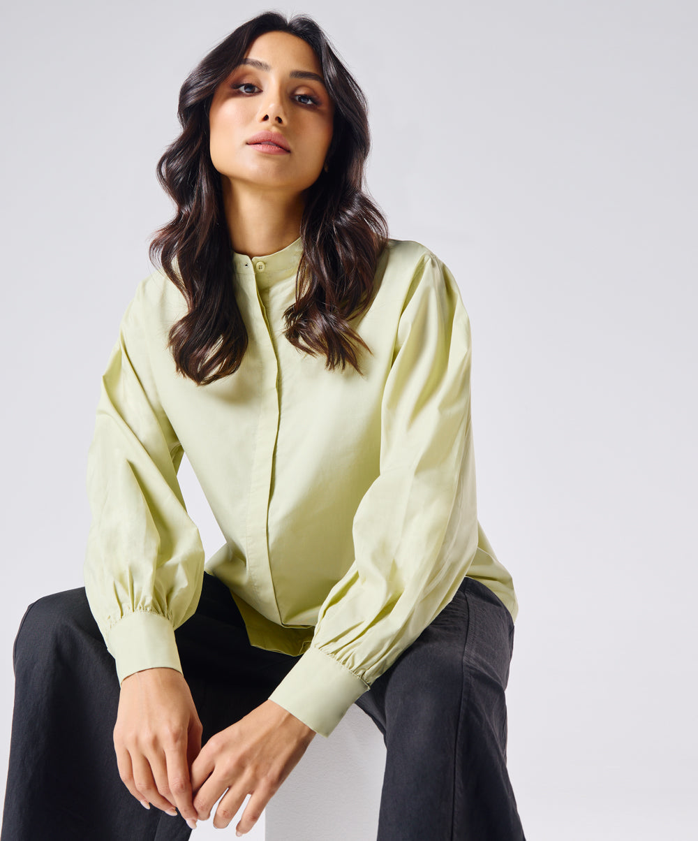 Mandarin  Collar Cotton Oversized Shirt- Cream Green