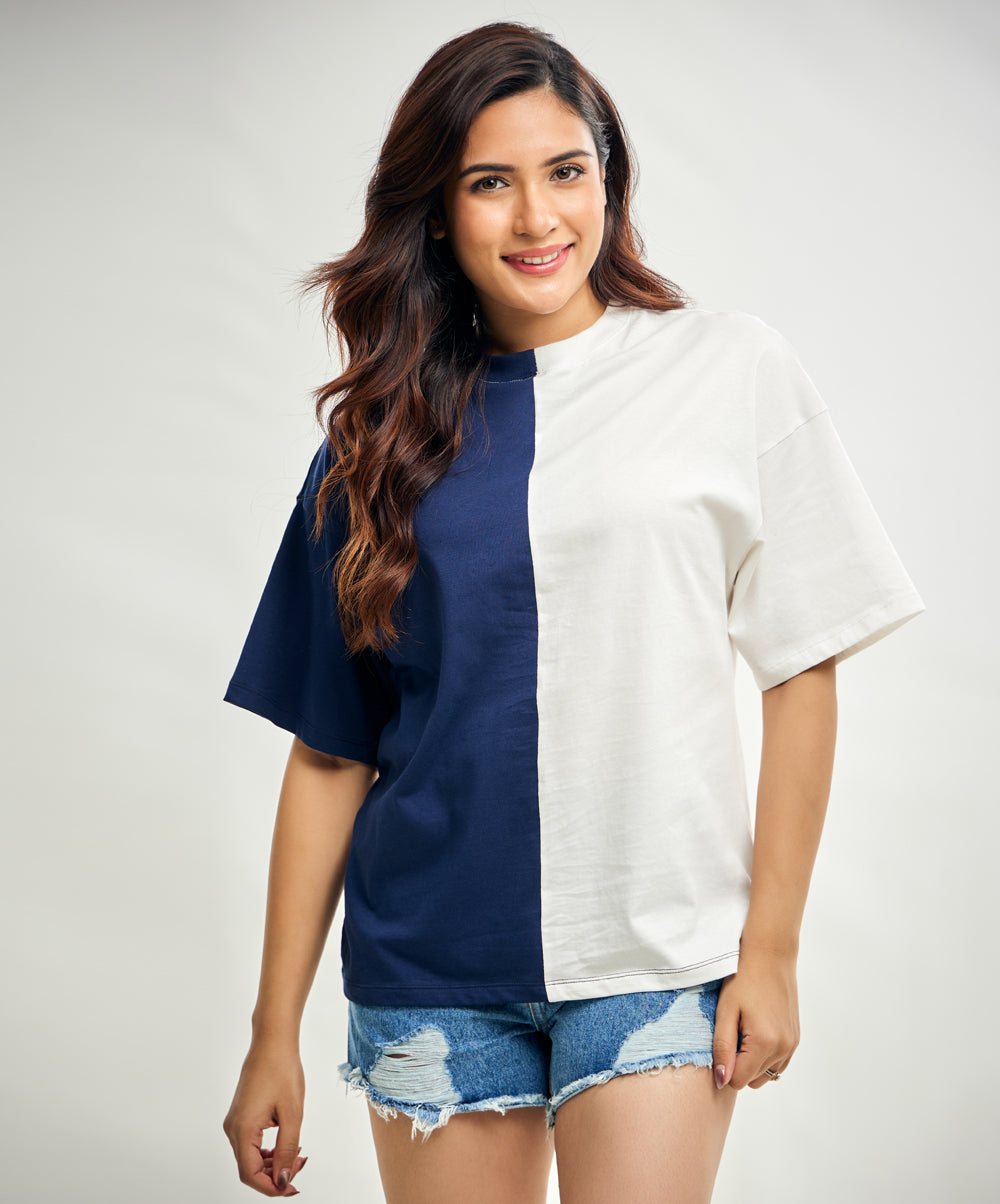 Blue And White Contrast Oversized Tshirt